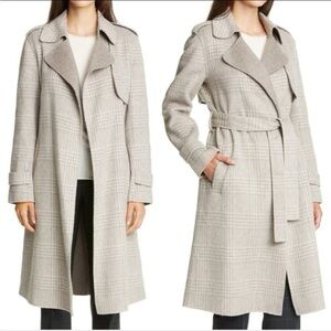 Theory Oaklane Grey Multi Marin Plaid Double Breasted Wool Wrap Tench Coat